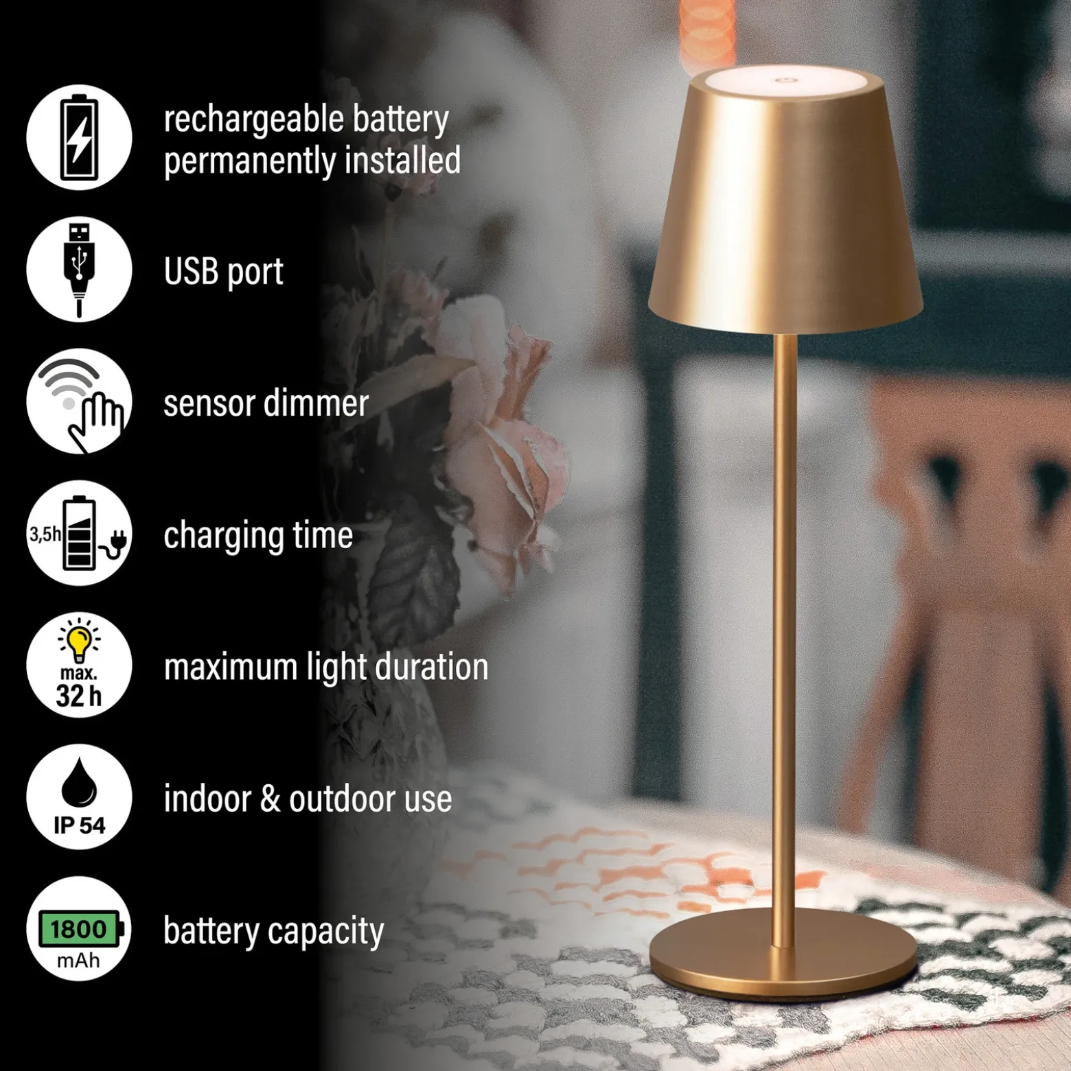 Lámpara de mesa LED recargable Viletto, marrón café, IP54