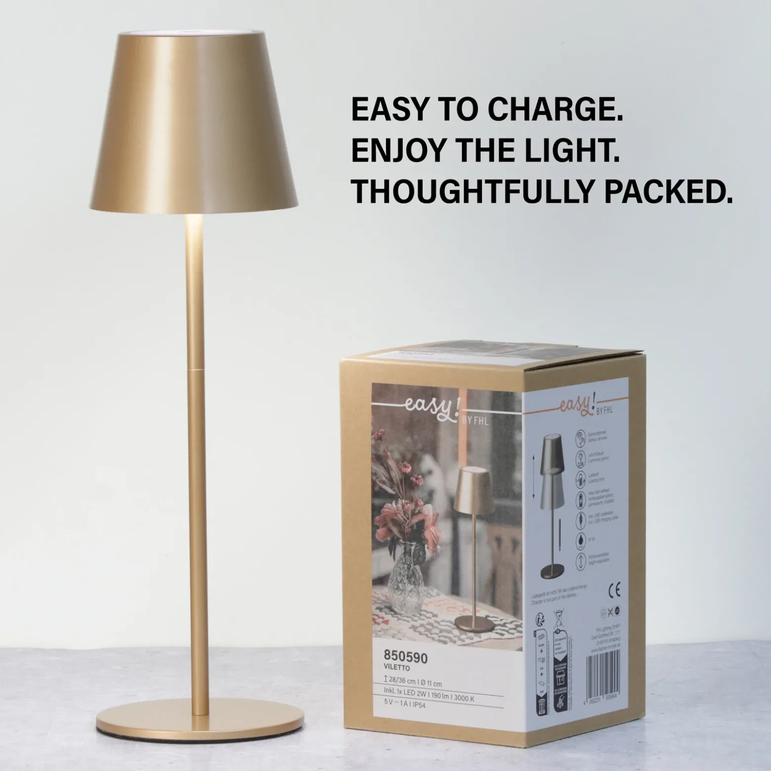 Lámpara de mesa LED recargable Viletto, marrón café, IP54