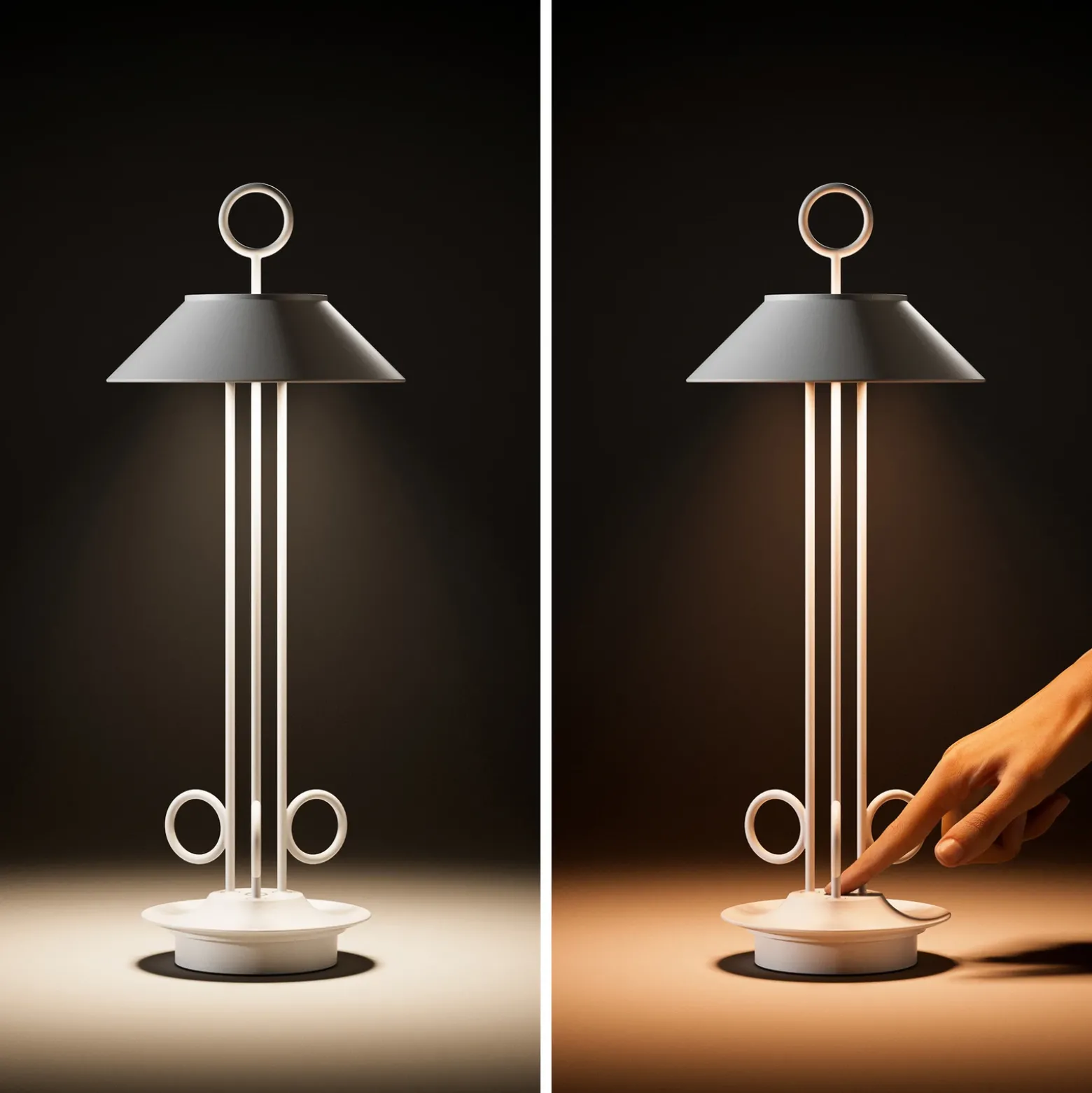 Lámpara de mesa LED recargable Nudiderot, cromo, aluminio, IP54, atenuable
