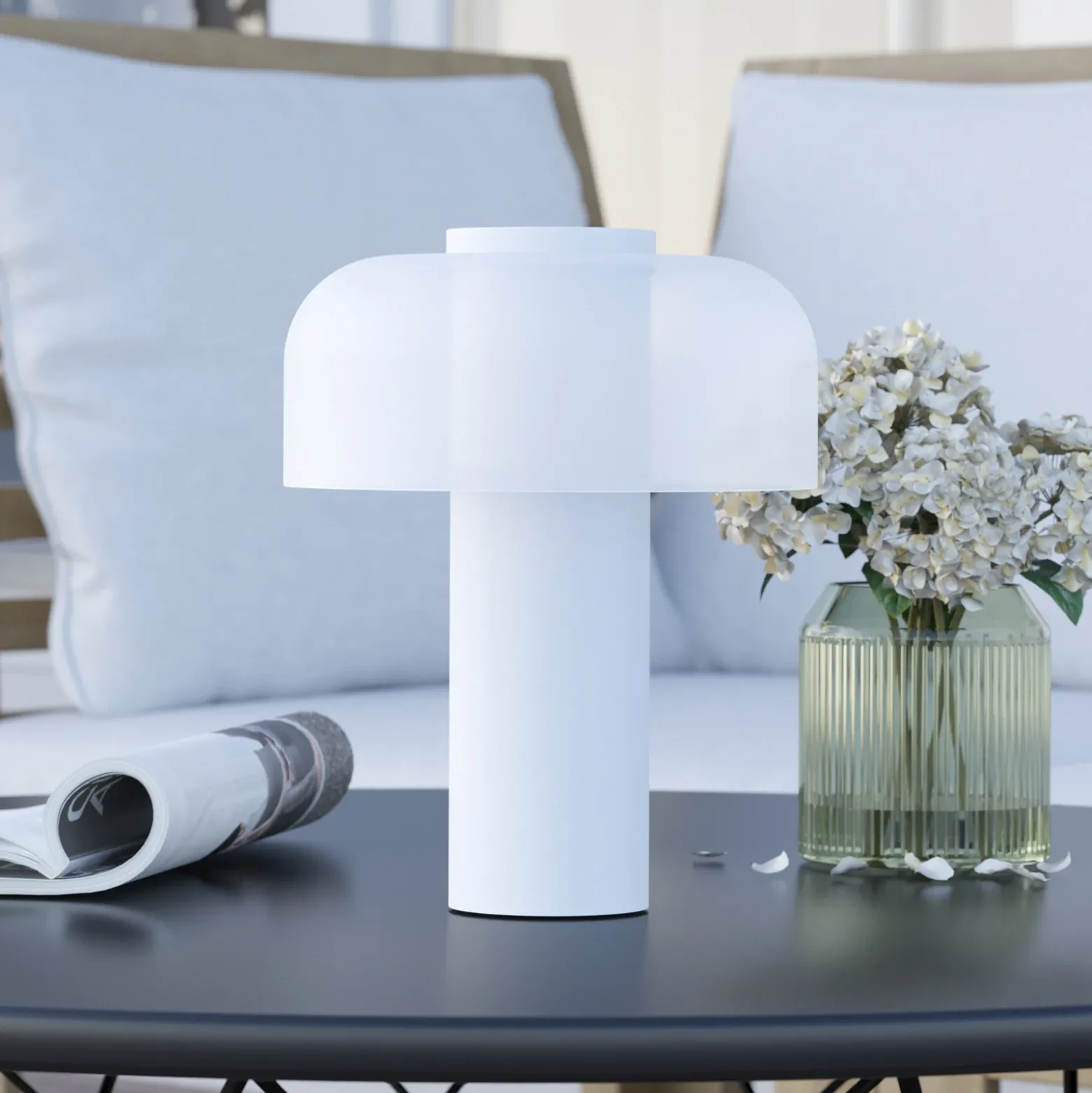 Lámpara de mesa LED recargable Ponente, Ø 16 cm, blanca, CCT, atenuable