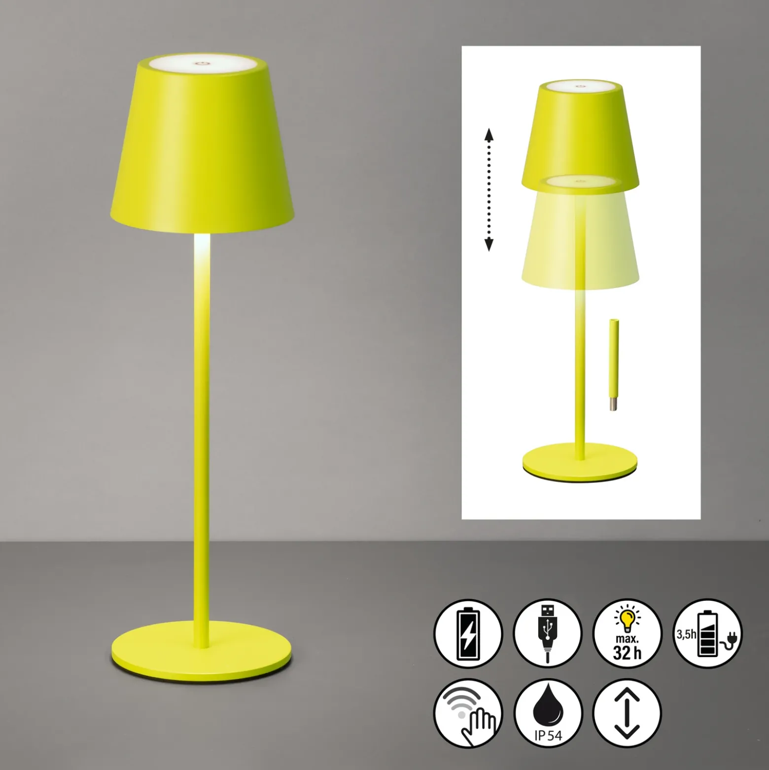 Lámpara de mesa LED recargable Viletto, verde claro, IP54