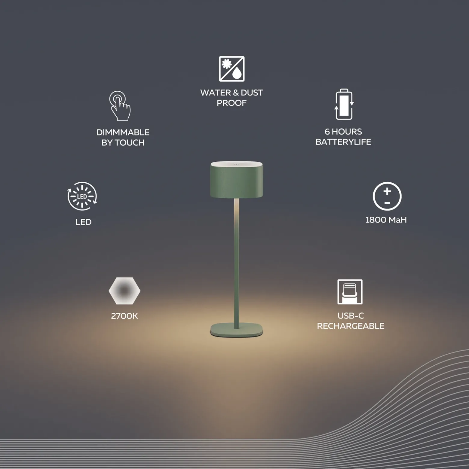 Lámpara de mesa LED recargable Calex Serino, verde, aluminio, 2700 K