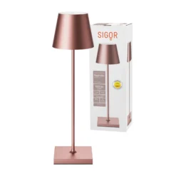 Lámpara de mesa LED recargable Nuindie, USB-C, oro rosa, IP54, atenuable