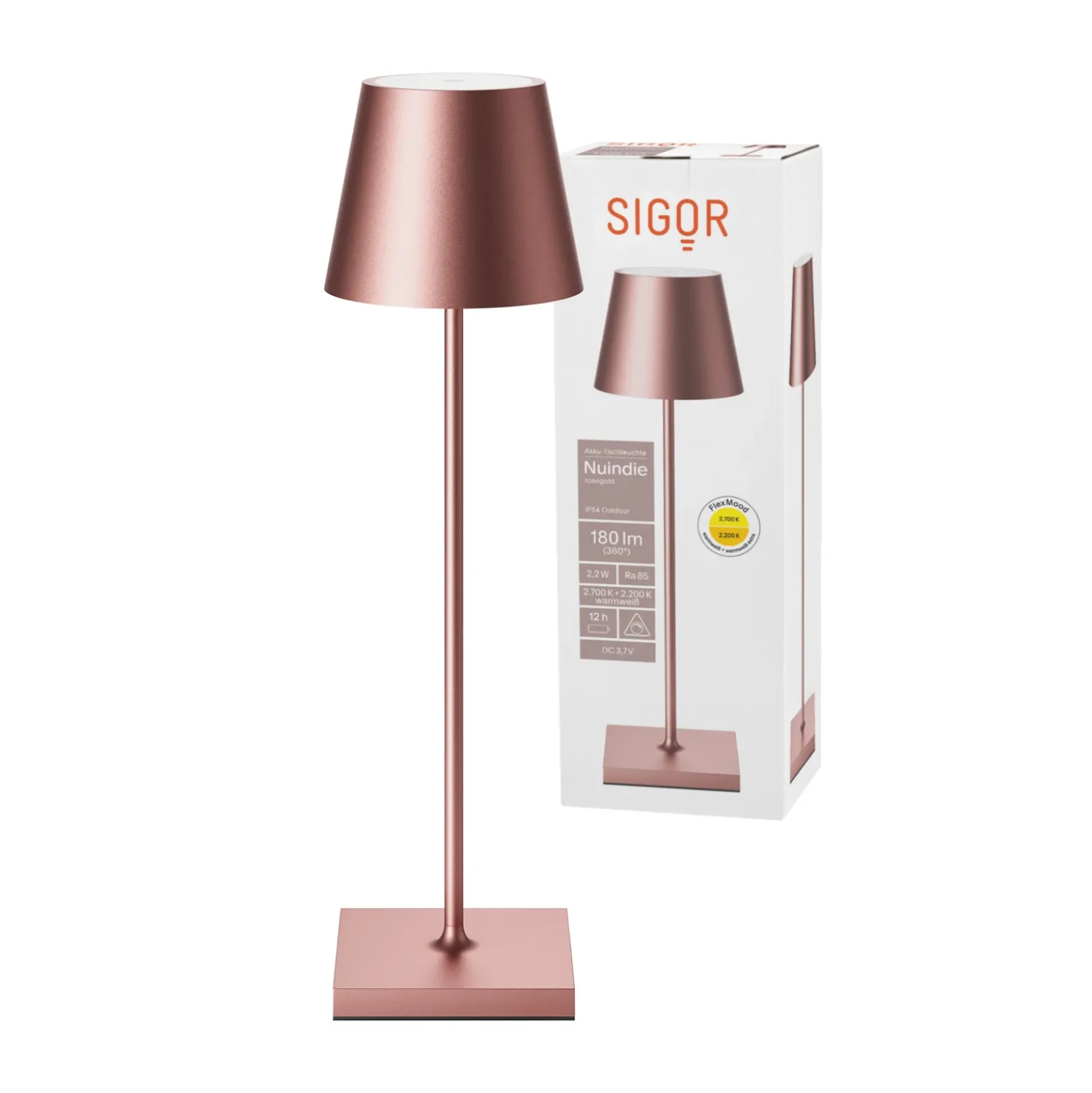 Lámpara de mesa LED recargable Nuindie, USB-C, oro rosa, IP54, atenuable