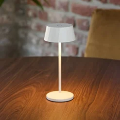 Lámpara de mesa LED recargable Facetta, blanca, 22 cm, metal, CCT IP44