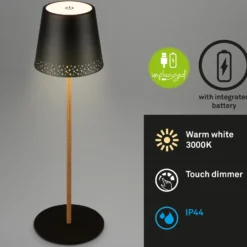 Lámpara de mesa LED recargable Kiki, negro/oro, IP44, 3.000K