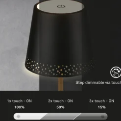 Lámpara de mesa LED recargable Kiki, negro/oro, IP44, 3.000K