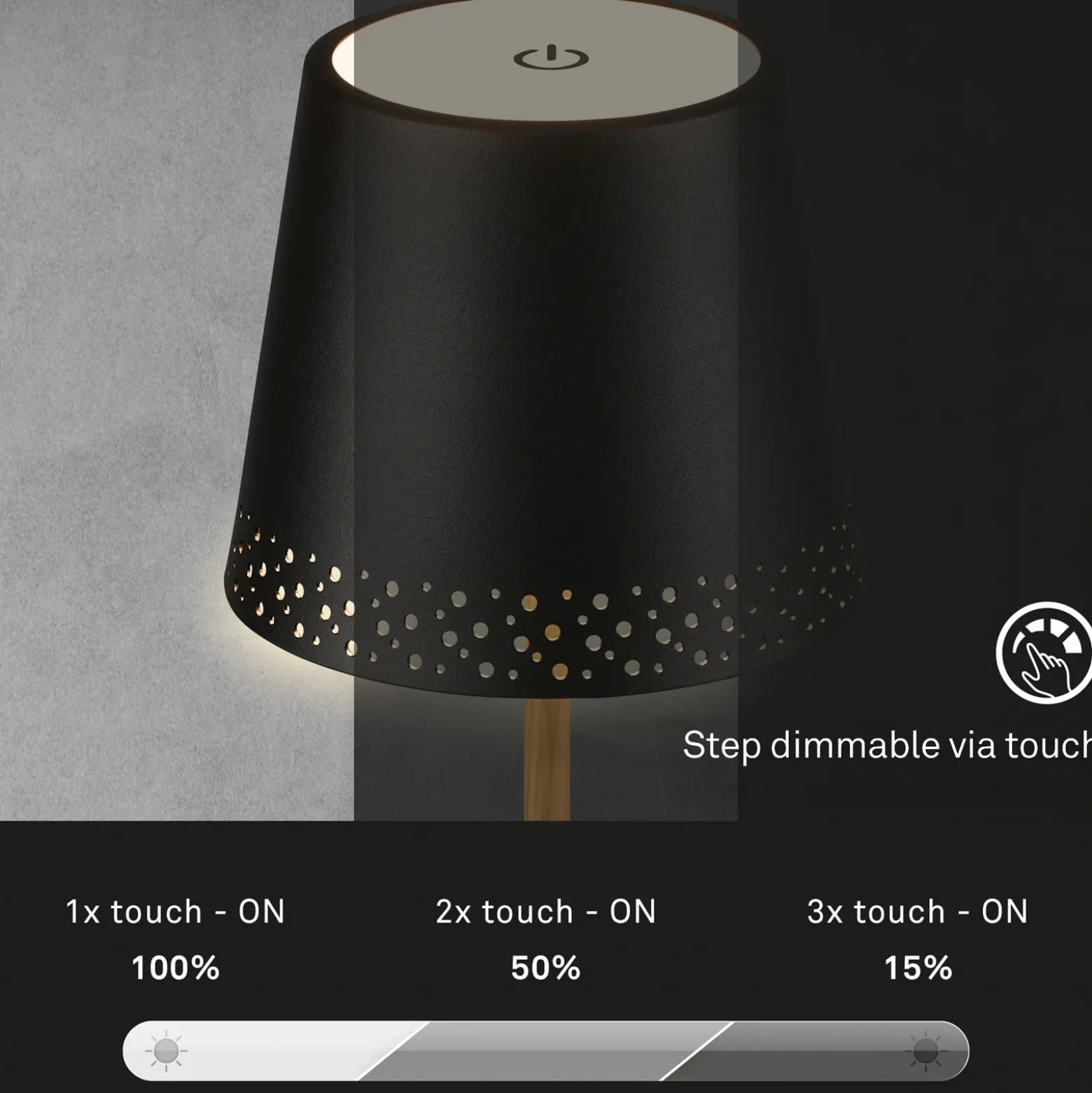 Lámpara de mesa LED recargable Kiki, negro/oro, IP44, 3.000K