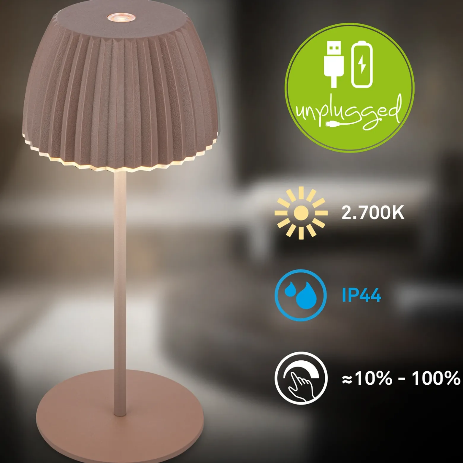 Lámpara de mesa LED recargable Brilo unplugged Riffle, 20 cm, arena oscura