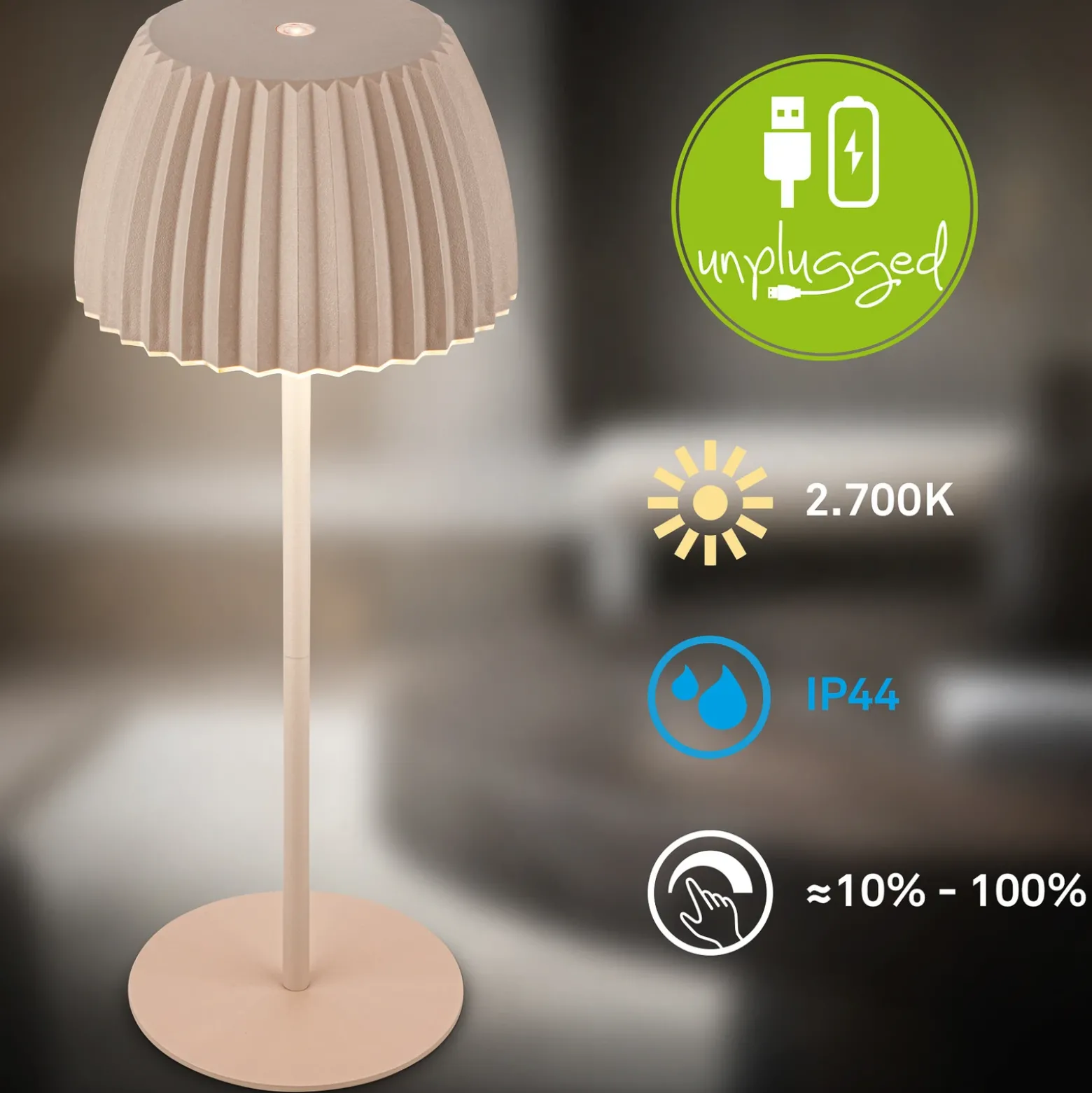 Lámpara de mesa LED recargable Brilo unplugged Riffle, 36 cm, beige