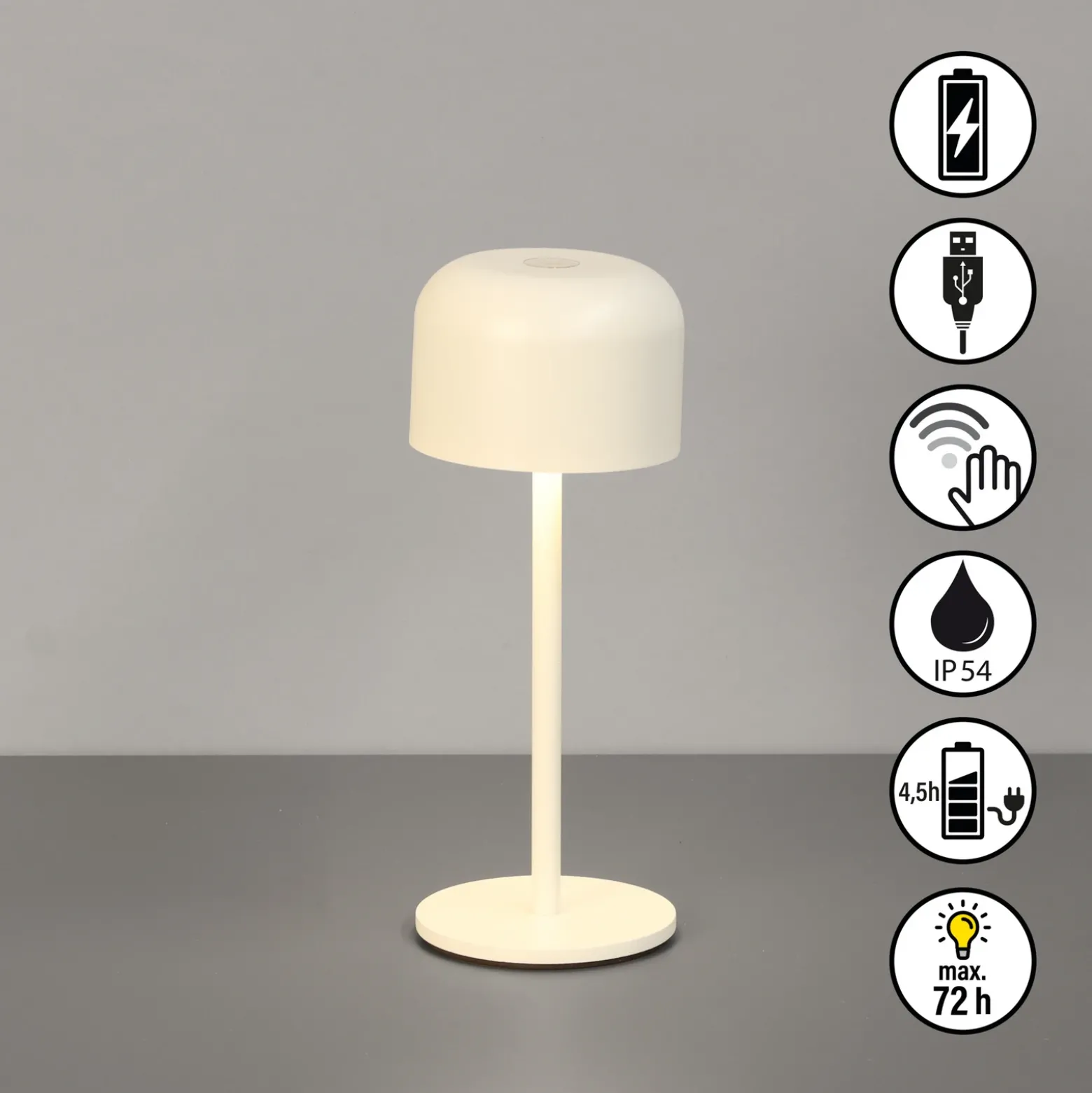 Lámpara de mesa LED recargable Finley, color beige arena, altura 22 cm, metal,