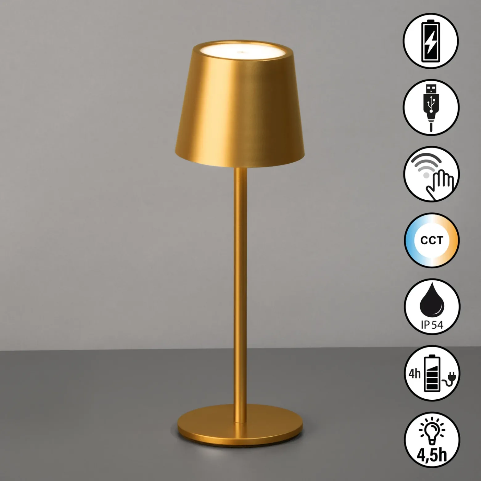 Lámpara de mesa LED recargable Roxi, dorada, metal, IP54, atenuador