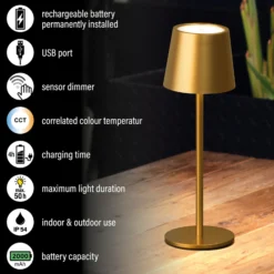 Lámpara de mesa LED recargable Roxi, dorada, metal, IP54, atenuador