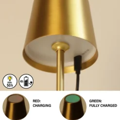 Lámpara de mesa LED recargable Roxi, dorada, metal, IP54, atenuador
