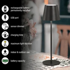 Lámpara de mesa LED recargable Viletto, negra, IP54