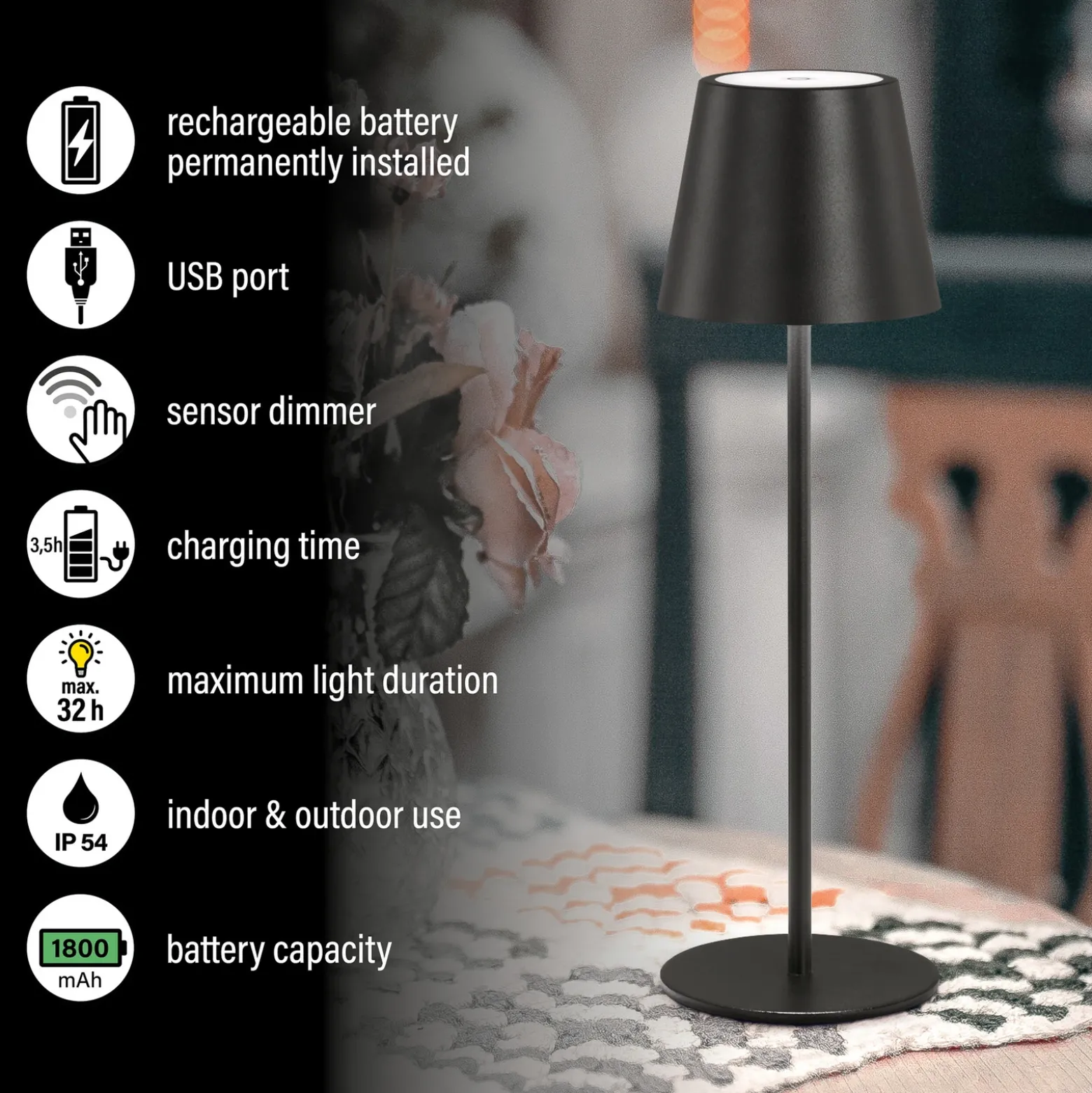 Lámpara de mesa LED recargable Viletto, negra, IP54