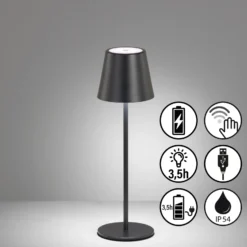 Lámpara de mesa LED recargable Viletto, negra, IP54