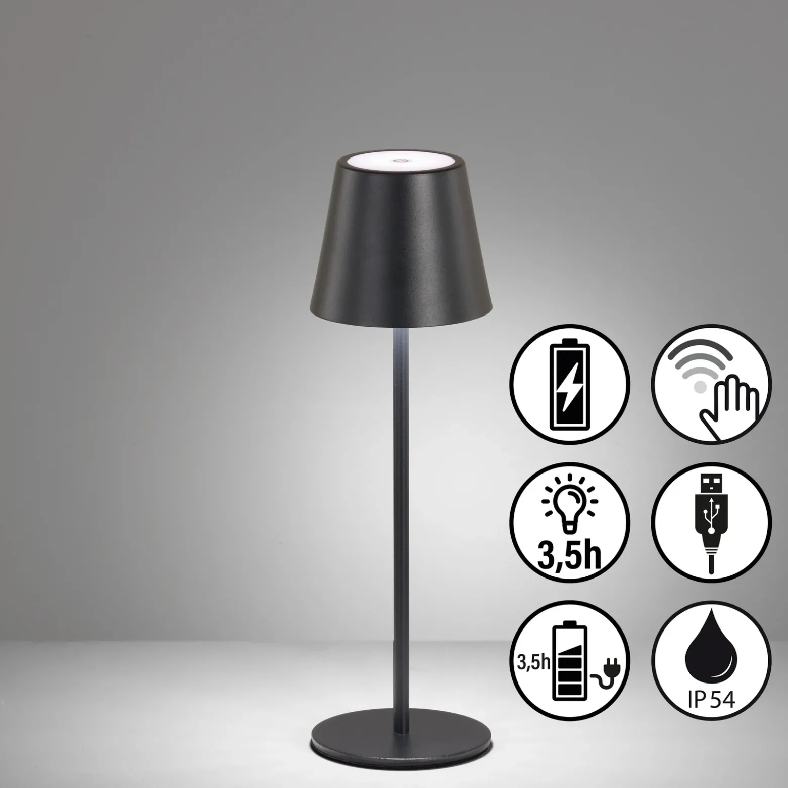 Lámpara de mesa LED recargable Viletto, negra, IP54