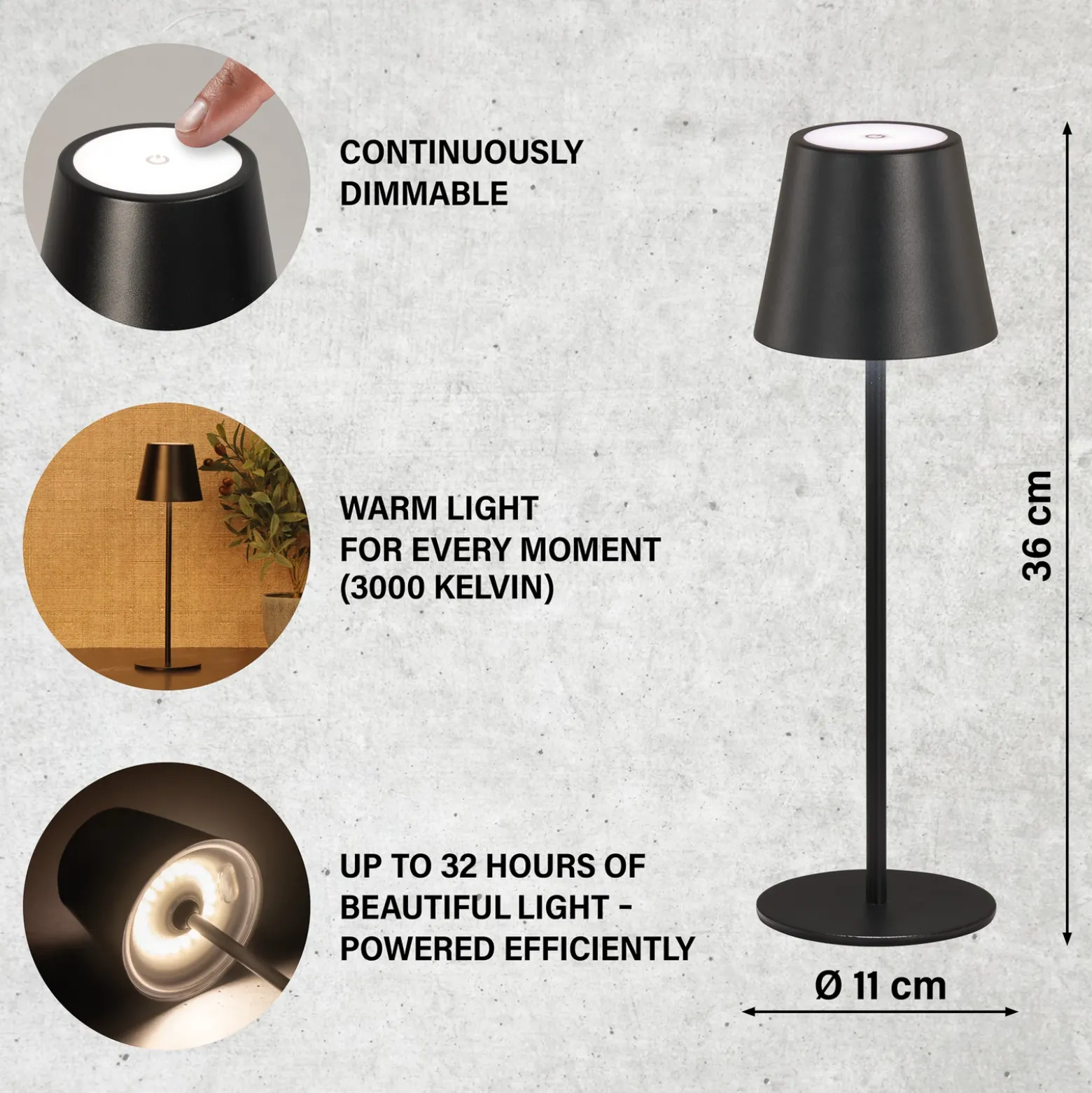 Lámpara de mesa LED recargable Viletto, negra, IP54