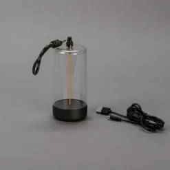 Lámpara de mesa LED recargable Edison, altura 15 cm, gris/transparente, IP54