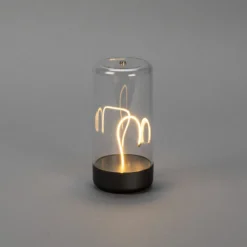 Lámpara de mesa LED recargable Edison, altura 15 cm, gris/transparente, IP54