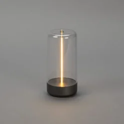 Lámpara de mesa LED recargable Edison, altura 15 cm, gris/transparente, IP54