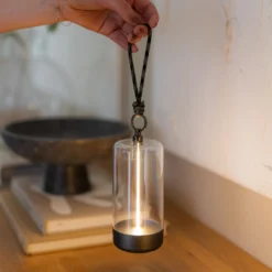Lámpara de mesa LED recargable Edison, altura 15 cm, gris/transparente, IP54