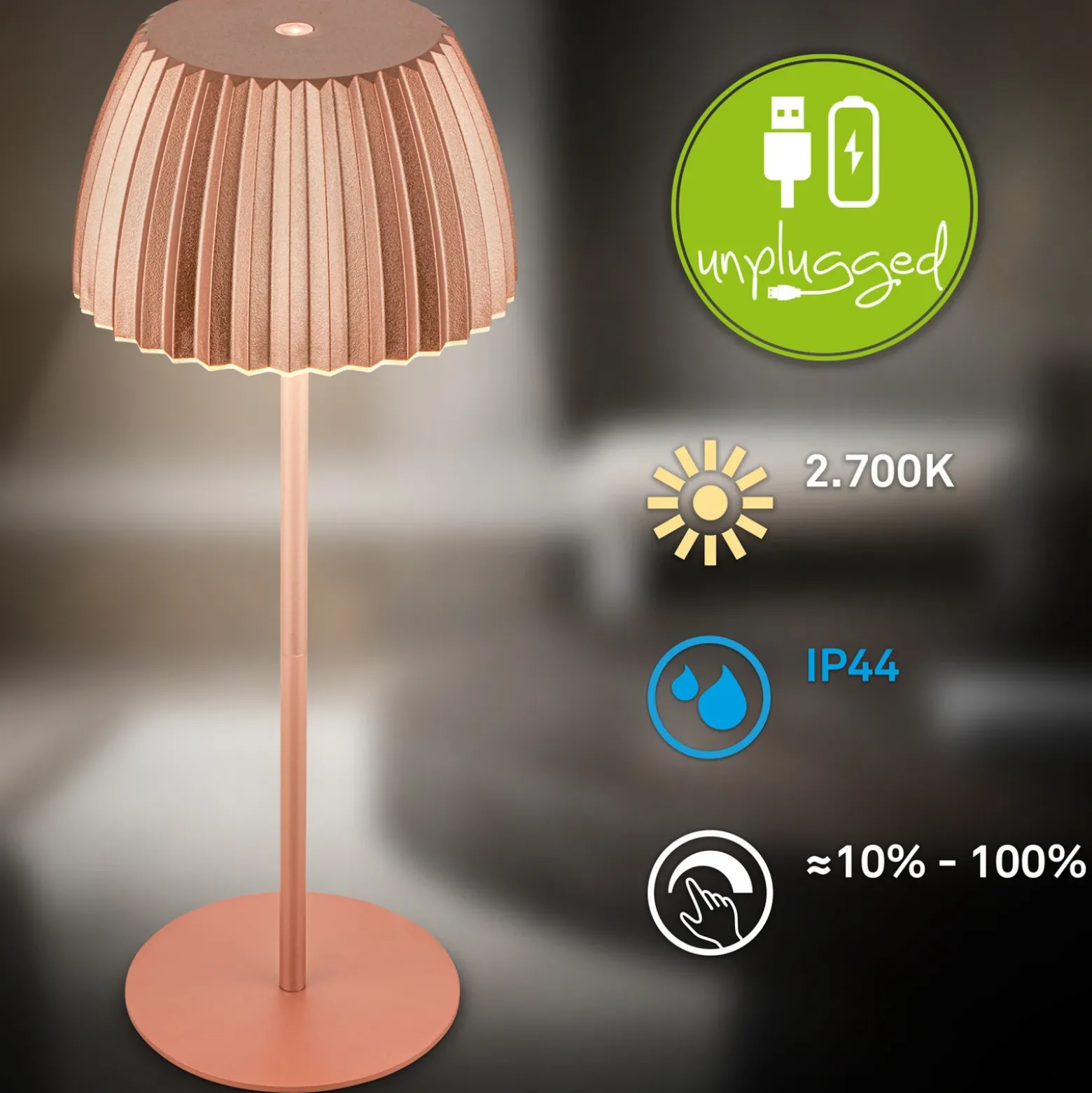 Lámpara de mesa LED recargable Brilo unplugged Riffle, 36 cm, cobre