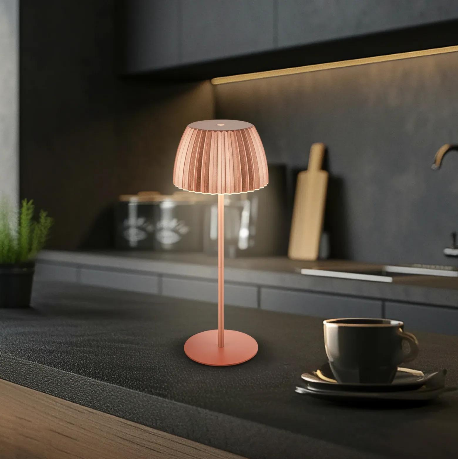 Lámpara de mesa LED recargable Brilo unplugged Riffle, 36 cm, cobre