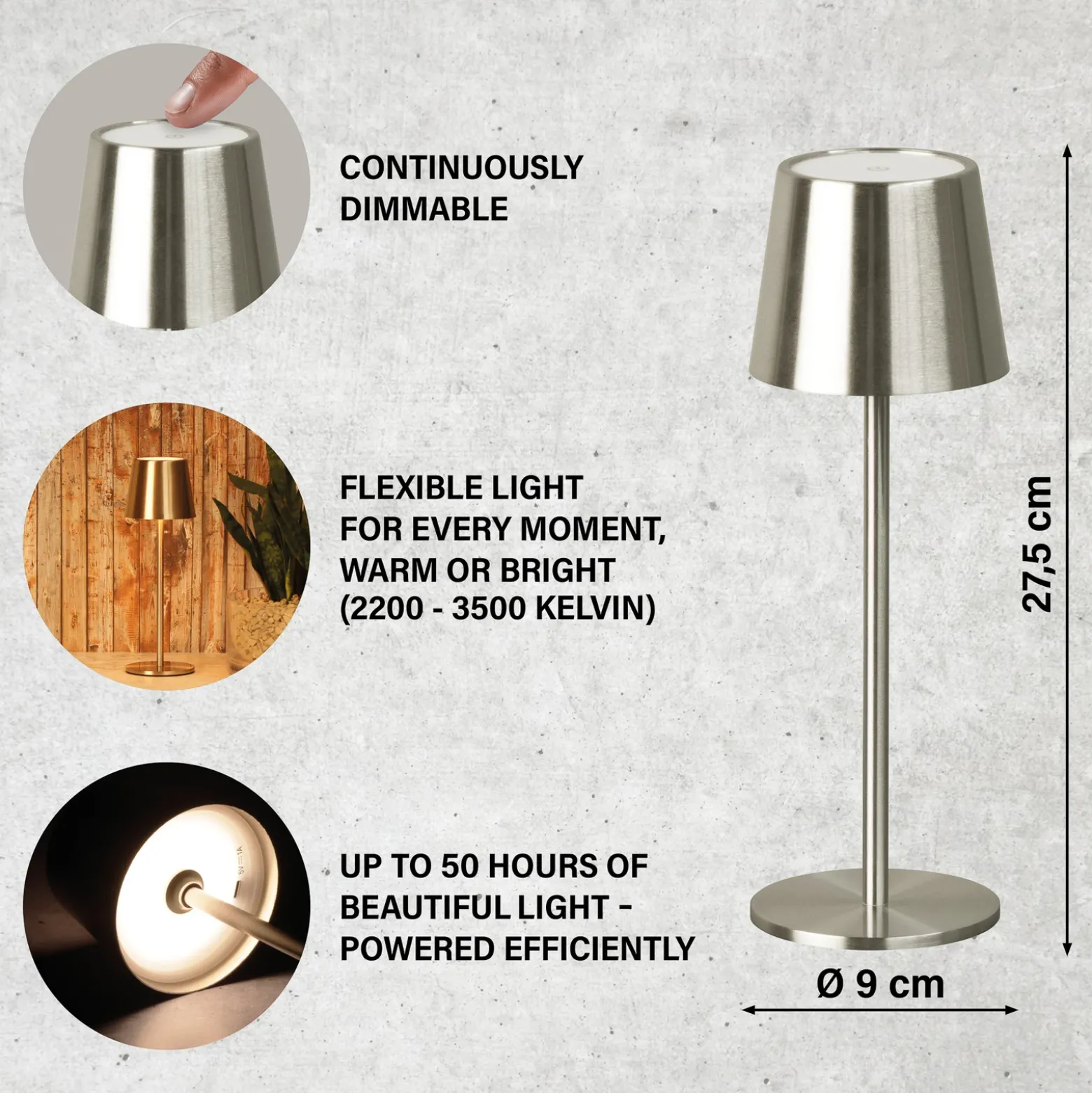 Lámpara de mesa LED recargable Roxi, color níquel, metal, IP54, atenuador