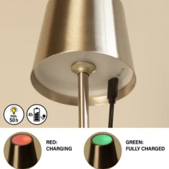 Lámpara de mesa LED recargable Roxi, color níquel, metal, IP54, atenuador