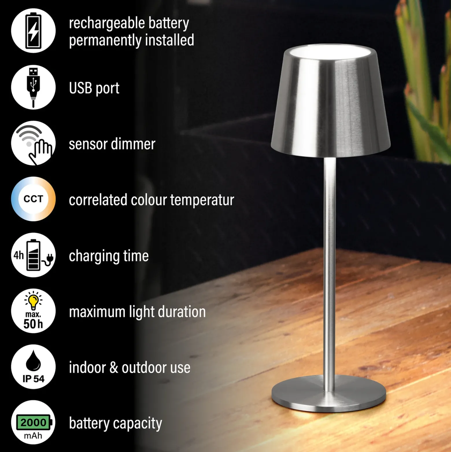 Lámpara de mesa LED recargable Roxi, color níquel, metal, IP54, atenuador