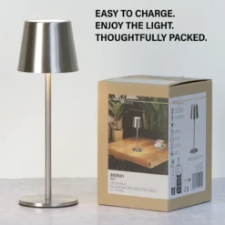 Lámpara de mesa LED recargable Roxi, color níquel, metal, IP54, atenuador