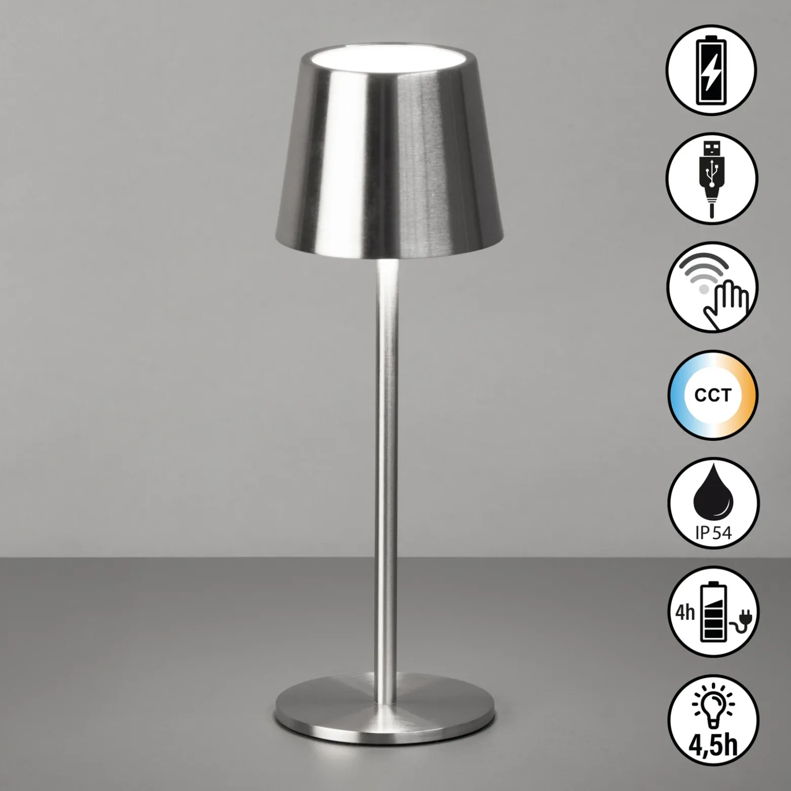 Lámpara de mesa LED recargable Roxi, color níquel, metal, IP54, atenuador