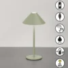 Lámpara de mesa LED recargable Prato, verde salvia, altura 25 cm, metal, IP54