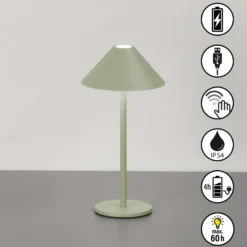 Lámpara de mesa LED recargable Prato, verde salvia, altura 25 cm, metal, IP54