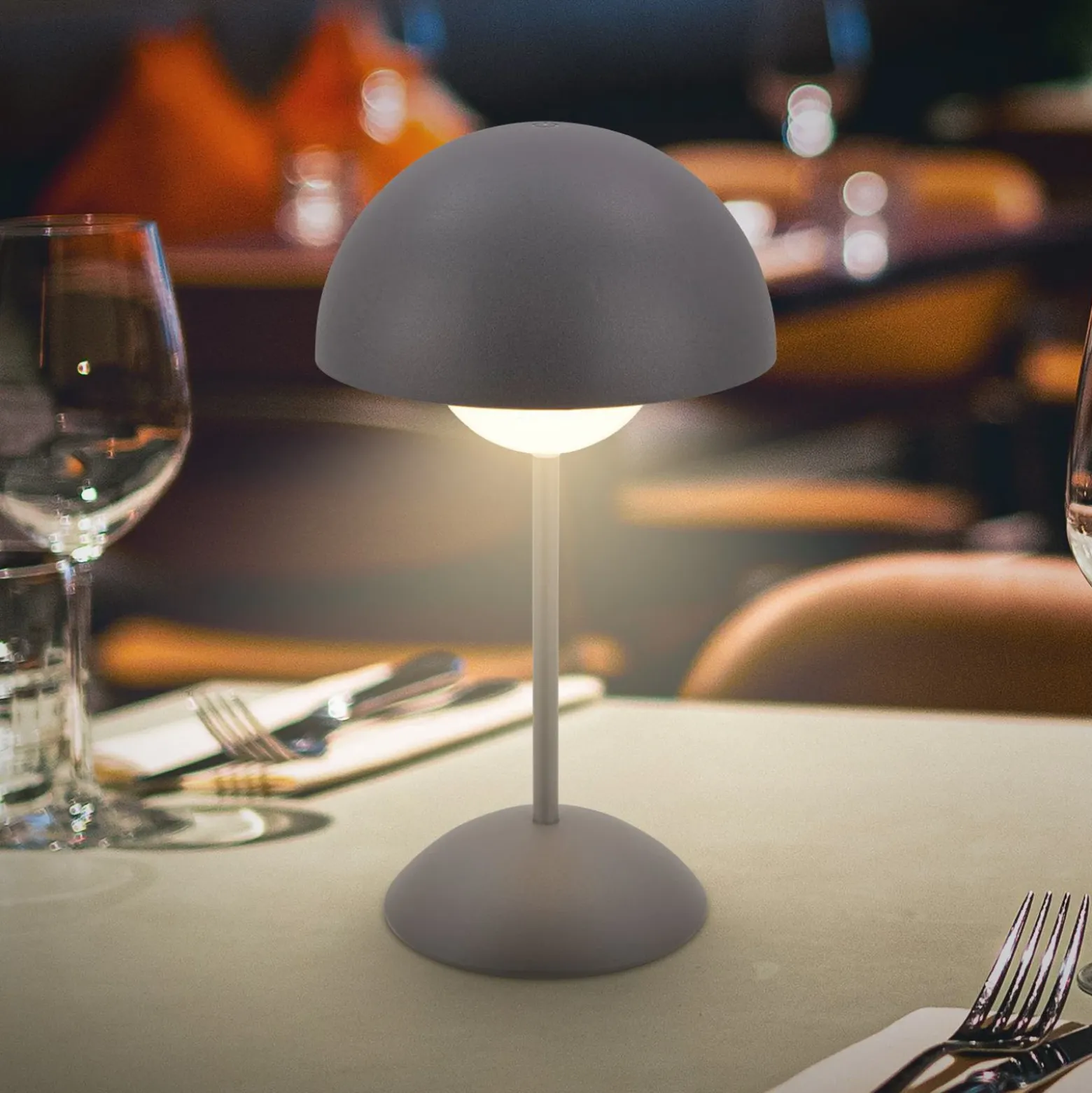 Lámpara de mesa LED recargable Kugle, antracita, metal, IP44, atenuable.