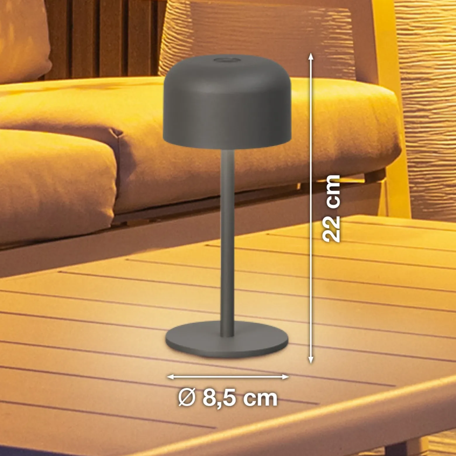 Lámpara de mesa LED recargable Finley, gris arena Altura 22 cm Metal, IP54