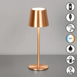 Lámpara de mesa LED recargable Roxi, color cobre, metal, IP54, atenuador