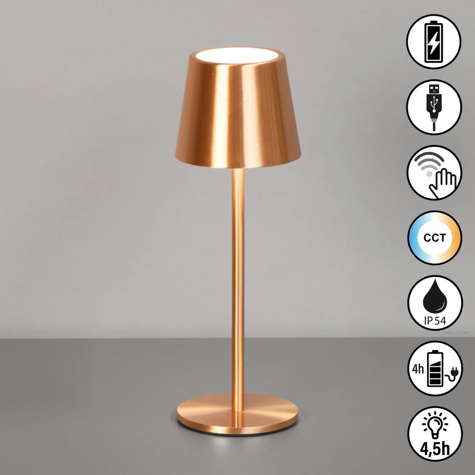 Lámpara de mesa LED recargable Roxi, color cobre, metal, IP54, atenuador