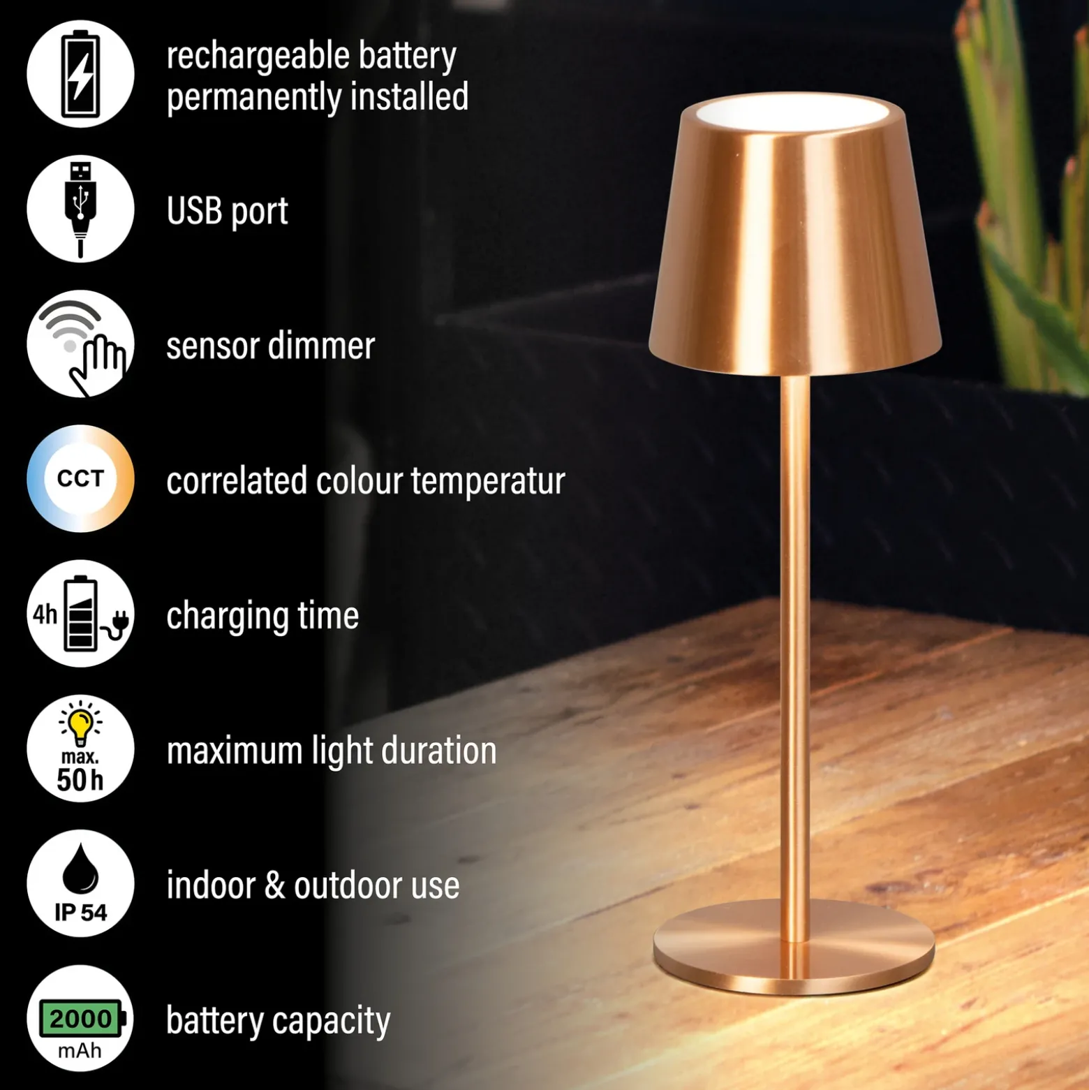 Lámpara de mesa LED recargable Roxi, color cobre, metal, IP54, atenuador