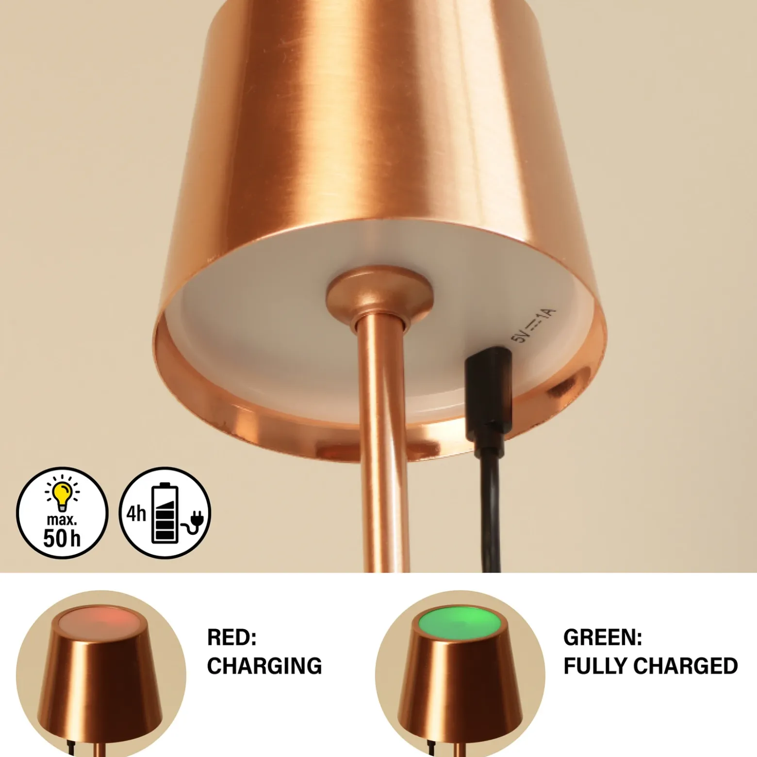 Lámpara de mesa LED recargable Roxi, color cobre, metal, IP54, atenuador