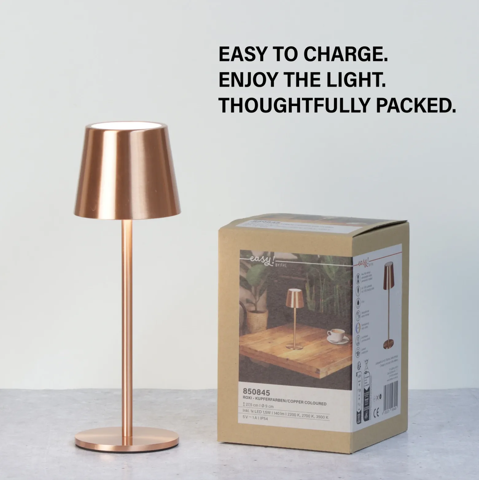 Lámpara de mesa LED recargable Roxi, color cobre, metal, IP54, atenuador