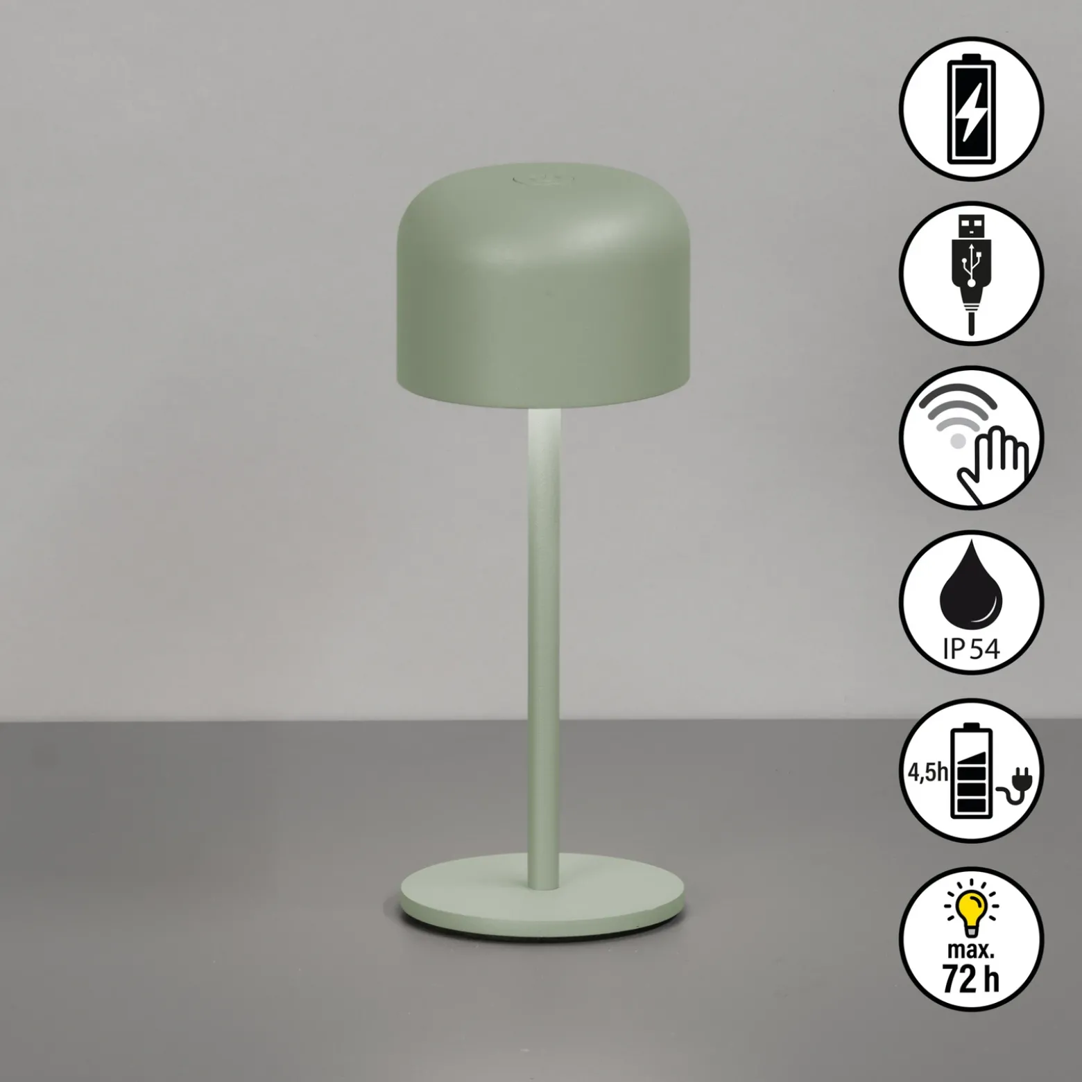 Lámpara de mesa LED recargable Finley verde salvia Altura 22 cm Metal IP54