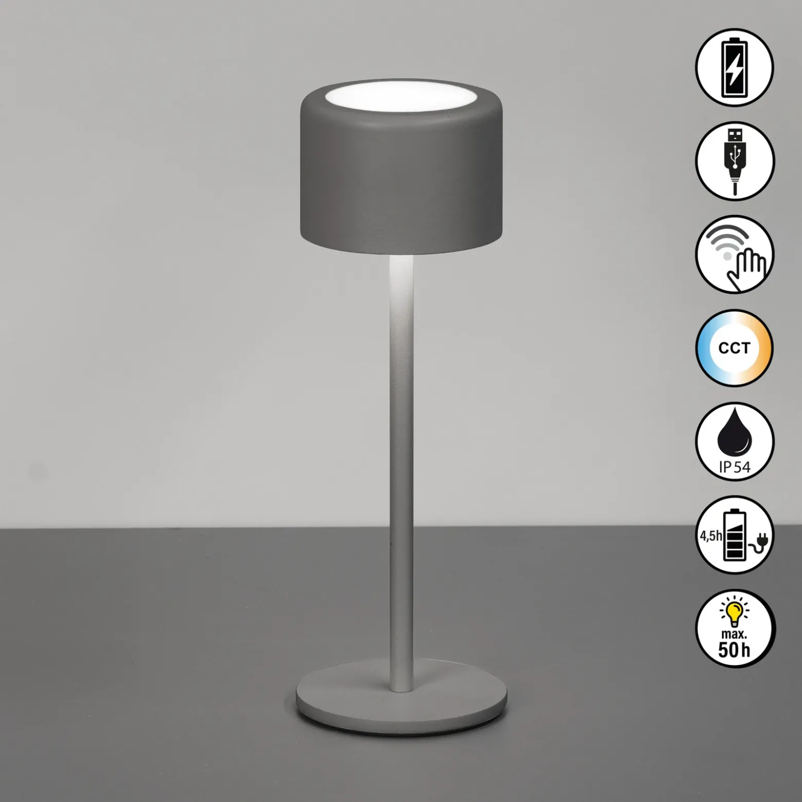 Lámpara de mesa LED recargable Juna, gris arena Altura 25 cm Metal, IP54