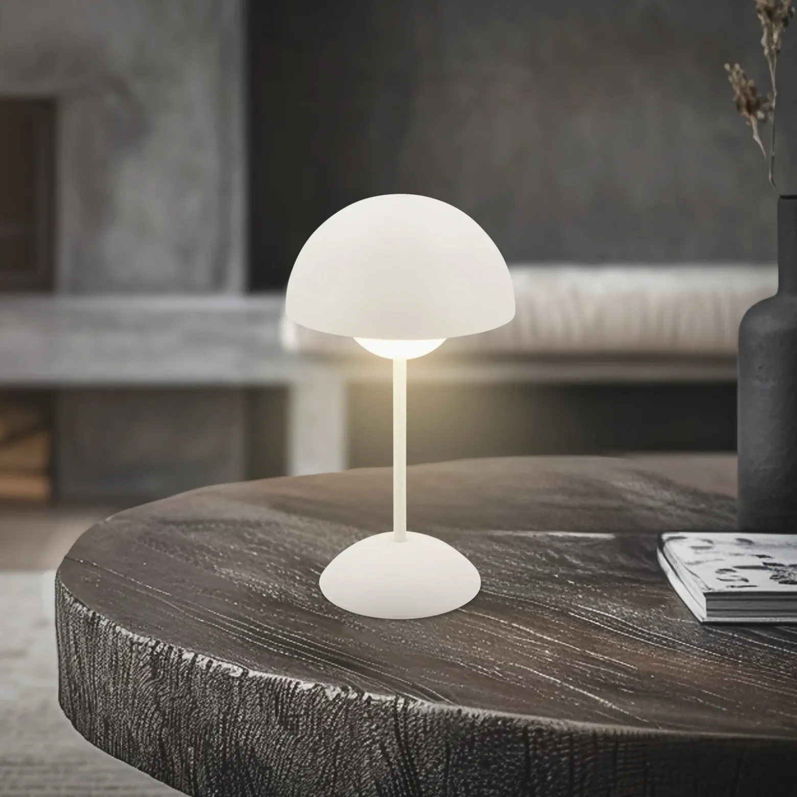 Lámpara de mesa LED recargable Kugle, blanca, metal, IP44, atenuable