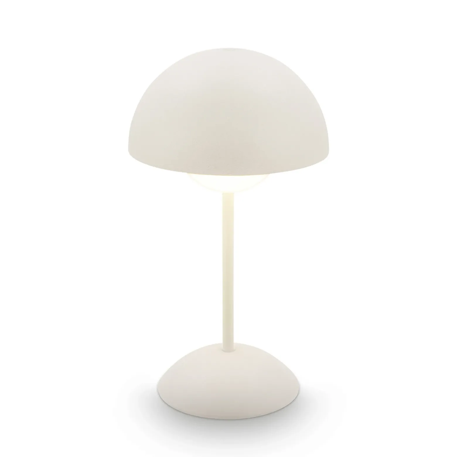 Lámpara de mesa LED recargable Kugle, blanca, metal, IP44, atenuable