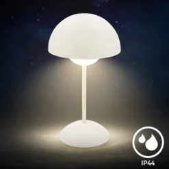 Lámpara de mesa LED recargable Kugle, blanca, metal, IP44, atenuable