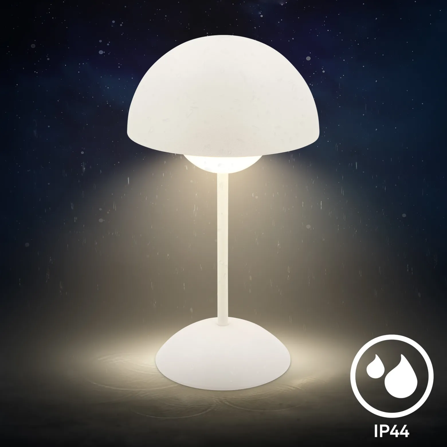 Lámpara de mesa LED recargable Kugle, blanca, metal, IP44, atenuable
