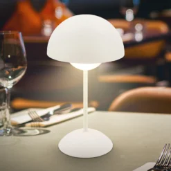 Lámpara de mesa LED recargable Kugle, blanca, metal, IP44, atenuable